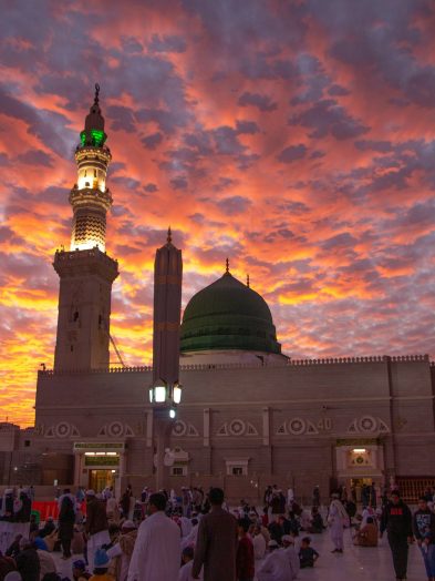 Prayers at Prophet Mohammed Mosque , Al Masjid an Nabawi - Medina / Saudi Arabia , Sunset Maghreb